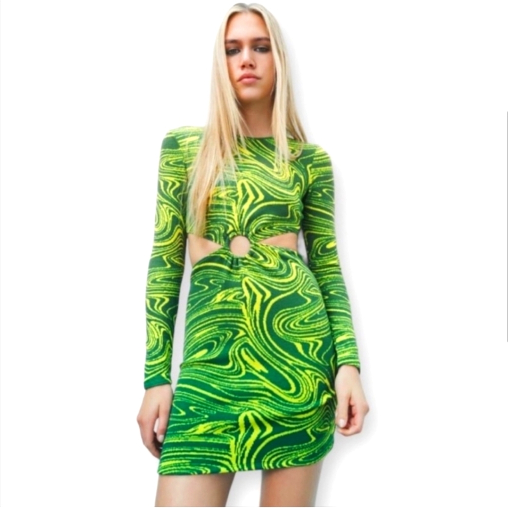 Zara Green Psychadelic Hippie Swirl Knit Cutout Dress